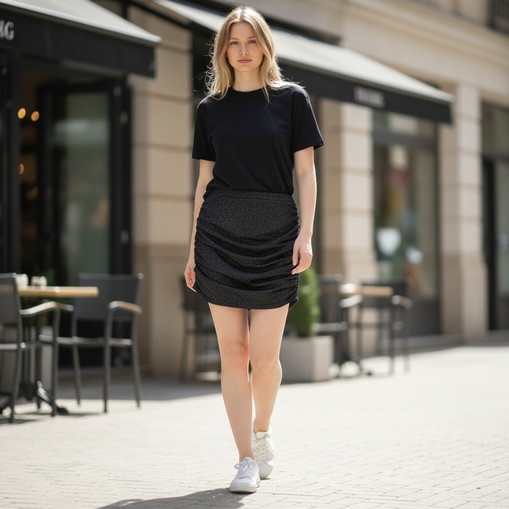 SU78 Black Metallic‎ Ruched Mini Skirt SzL ShimmerBodycon Party Wear Sexy Glam